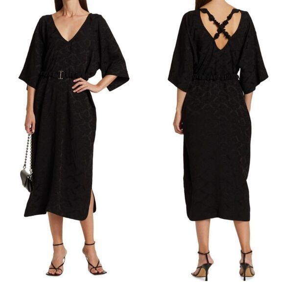 GANNI Belted Jacquard Print Black Midi Dress - Picture 2 of 16